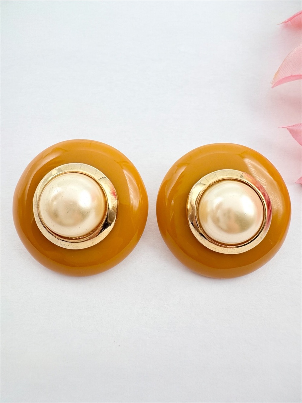Big Chunky Vintage Butterscotch Lucite Faux Pearl Dome Stud Earrings